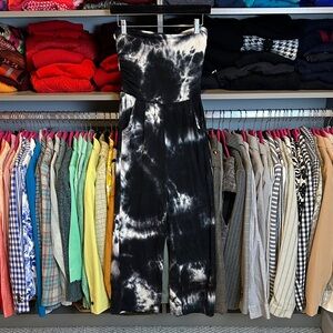 Antistar black/white strapless 2 pocket cropped tie dye jumpsuit size S